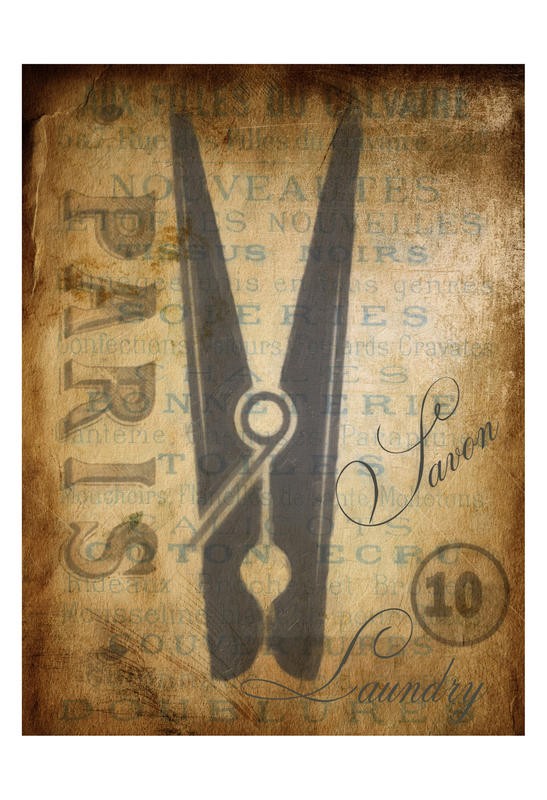 Taylor Greene, RETRO STAMP II (Wäscheklammer, Werbung, vergilbter Zettel, Wäscherei, Laundry, Vintage/retro, Treppenhaus, sepia/schwarz)