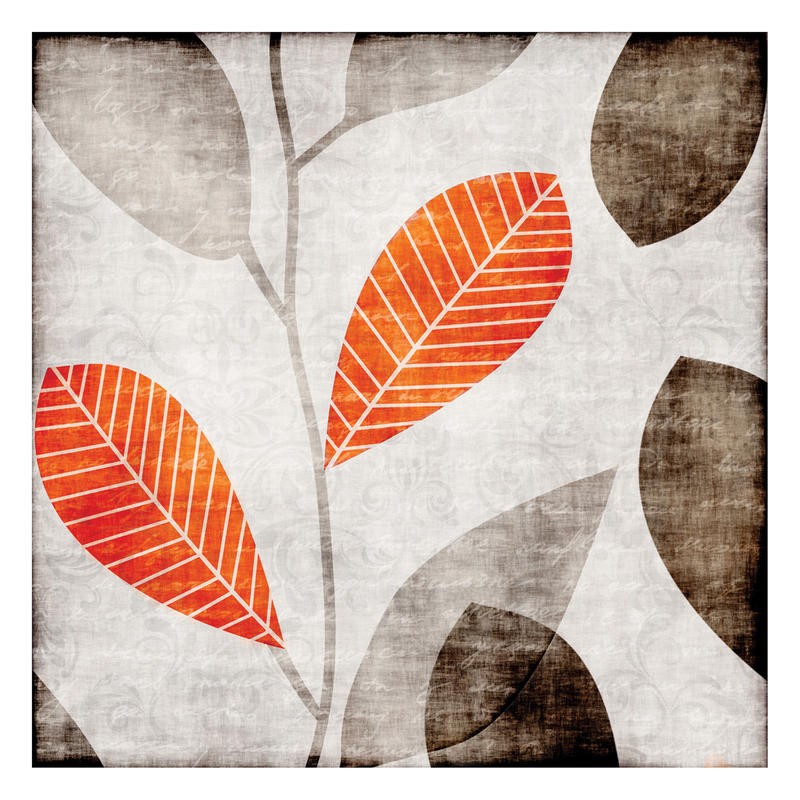 Kristin Emery, GRAY ORANGE LEAVES I (Muster, floral, Blätter, Pflanzen, Botanik, Grafik,  modern, zeitgenössisch, Wohnzimmer, Treppenhaus, Wunschgröße, grau/orange)