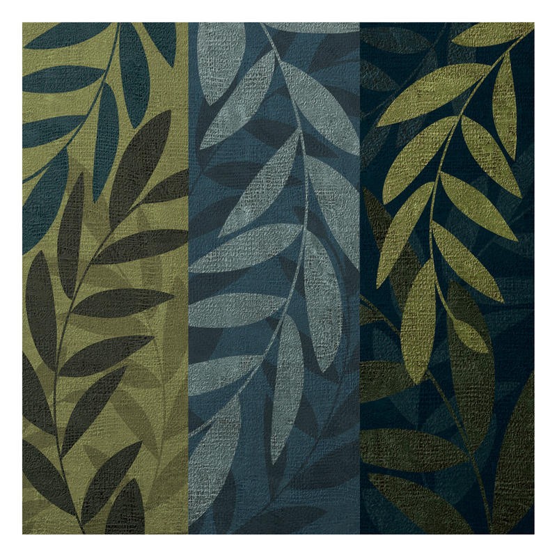 Kristin Emery, OLIVE GREEN II (Muster, floral, Blätter, Zweige, Grafik,  modern, zeitgenössisch, Wohnzimmer, Treppenhaus, Wunschgröße, oliv/blau)