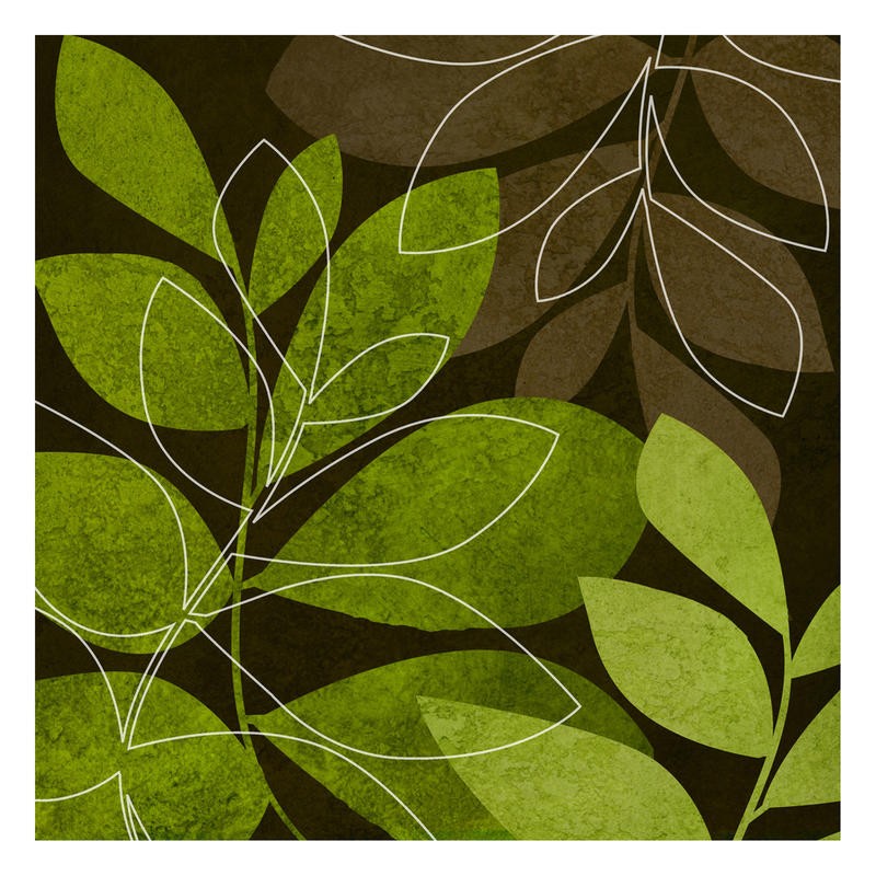Kristin Emery, GREEN BROWN LEAVES II (Muster, floral, Blätter, Zweige, Grafik,  modern, zeitgenössisch, Wohnzimmer, Treppenhaus, Wunschgröße, grün/braun)