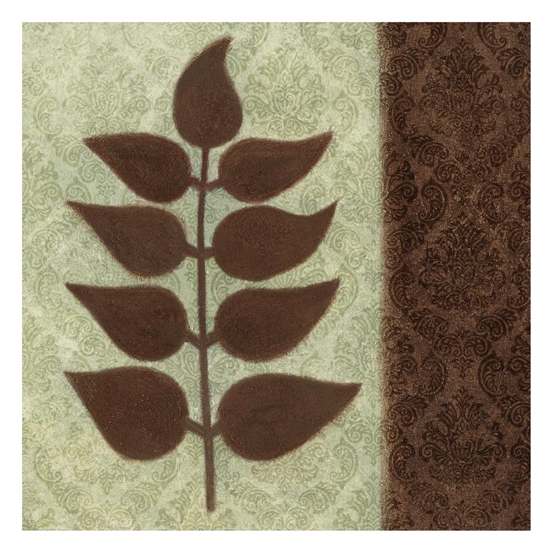 Kristin Emery, PATTERNS LEAVES BROWN I (Muster, floral, Blatt, Ornamente, Brokatmuster, Wunschgröße, Grafik, Treppenhaus, Wohnzimmer, braun/beige)