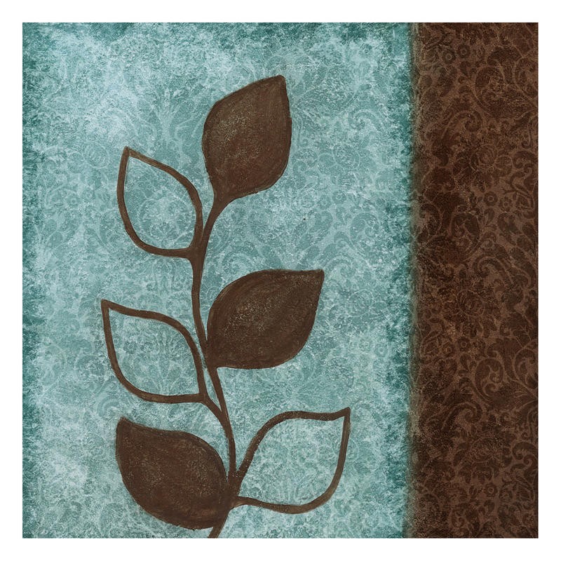 Kristin Emery, BLUE BROWN LEAVES I (Muster, floral, Blatt, Ornamente, Brokatmuster, Wunschgröße, Grafik, Treppenhaus, Wohnzimmer, braun/hellblau)