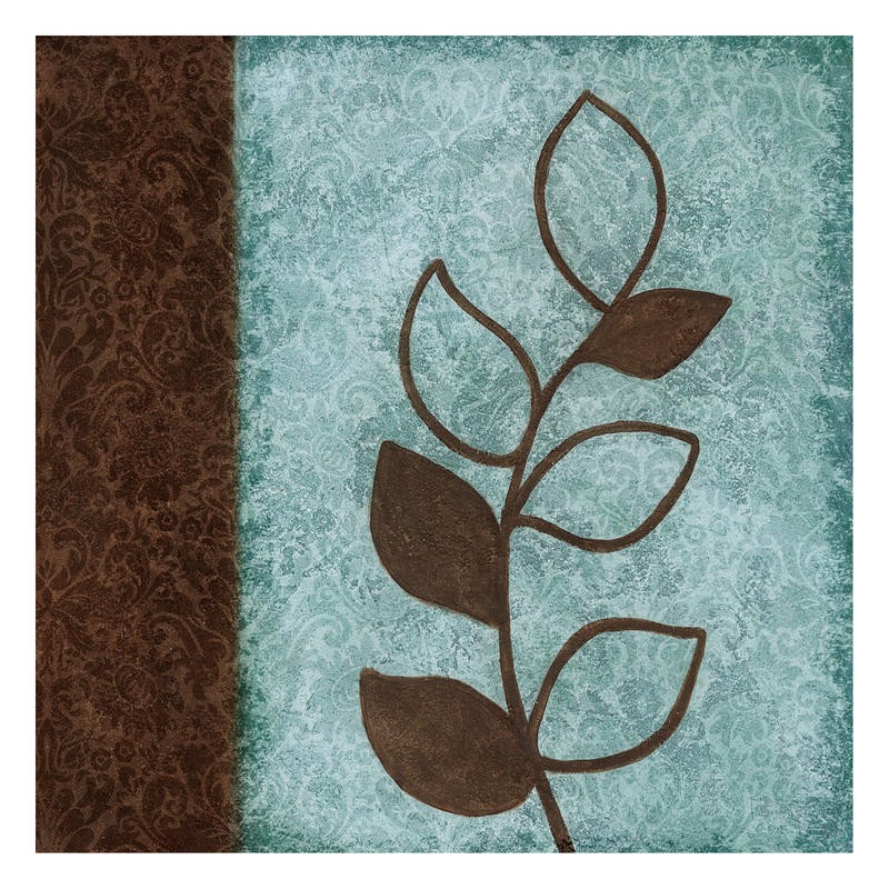 Kristin Emery, BLUE BROWN LEAVES II (Muster, floral, Blatt, Ornamente, Brokatmuster, Wunschgröße, Grafik, Treppenhaus, Wohnzimmer, braun/hellblau)