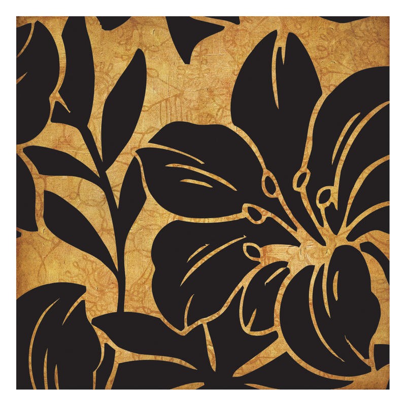 Kristin Emery, BLACK AND GOLD FLORA II (Blume, Blüte, scherenschnitt, plakativ, Wunschgröße, Wohnzimmer, Treppenhaus, Wunschgröße, gelb/schwarz)