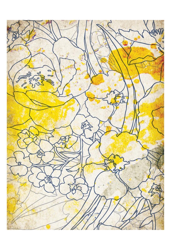 Kristin Emery, SPLASH OF COLOR I (Muster, floral, Blumen, stilisierte Blüten, Grafik,  modern, zeitgenössisch, Wohnzimmer, Treppenhaus, Wunschgröße,  beige/gelb)