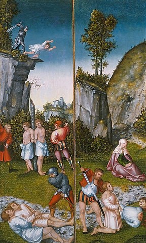 LUCAS CRANACH Der Ältere, Die Marter der sieben Söhne der hl. Felicitas (Zwei Flügel eines Altarretabels). Um 1530/35 (Martyrium, Folter, Knaben, Söhne, Mord, Rom, Enthauptung, Christenverfolgung, Märtyrer, Klassiker, Renaissance, Wunschgröße, Wohnzimmer)