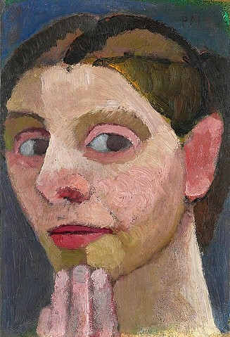 Paula Modersohn-Becker, Selbstbildnis mit Hand am Kinn. 1906/07 (Hannover,Landesmuseum,Modersohn-Becker,Paula,1876-1907,Öl auf Holz,20. Jahrhundert,Portrait,Paula Modersohn-Becker,Selbstbildnis,Frau,Hand,Hand am Kinn,Kopf,fragend)