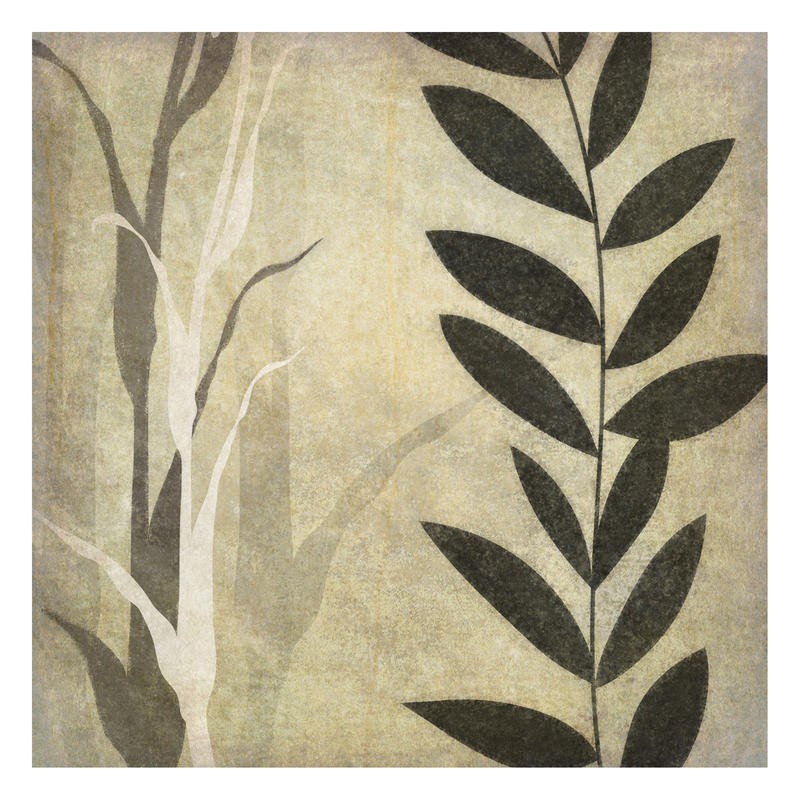 Kristin Emery, LEAVES IN THE MIST I (Muster, floral, Blätter, Zweige, Grafik,  modern, zeitgenössisch, Wohnzimmer, Treppenhaus, Wunschgröße, grau/oliv)