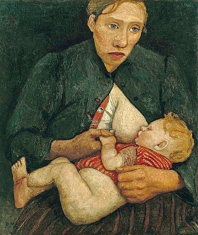 Paula Modersohn-Becker, Stillende Mutter. 1903 (Hannover,Landesmuseum,Modersohn-Becker,Paula,1876-1907,Öl auf Leinwand,20. Jahrhundert,Paula Modersohn-Becker,Mutter,Frau,Kind,Säugling,Kleinkind,Baby,stillen,Brust geben,säugen,Bäuerin)