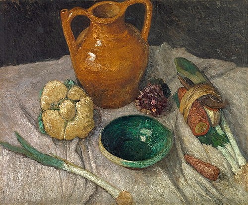 Paula Modersohn-Becker, Stillleben mit gelbem Krug. 1905 (Hannover,Landesmuseum,Modersohn-Becker,Paula,1876-1907,Öl auf Leinwand,20. Jahrhundert,Stillleben,? Landesmuseum Hannover - ARTOTHEK,Paula Modersohn-Becker,Stillleben,Gemüse,Gemüsesorten,Porree,Lauchzwiebel,Lauch,Blumenkohl,Suppengemüse,Bund,Möhre,Möhren,)