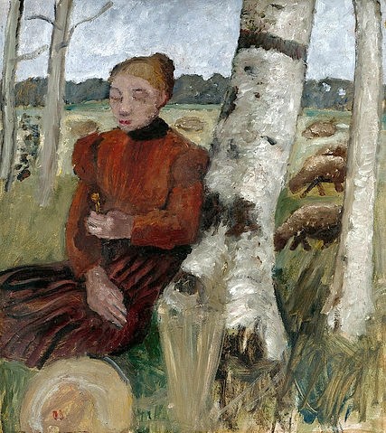 Paula Modersohn-Becker, Mädchen am Birkenstamm ruhend, Schafherde im Hintergrund. 1903 (Hannover,Landesmuseum,Modersohn-Becker,Paula,1876-1907,Öl auf Holz,20. Jahrhundert,Paula Modersohn-Becker,Frau,junge Frau,Mädchen,Birke,Birken,Stamm,Baumstamm,Landschaft,Worpswede,Schafe,ländlich,auf dem Land,Birkenstamm,Strohhut,rasten,Rast,in der Natur,)