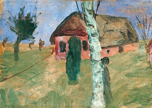 Paula Modersohn-Becker, Rotes Haus mit Birke. Um 1906 (Hannover,Landesmuseum,Modersohn-Becker,Paula,1876-1907,Gouache/Pappe,20. Jahrhundert,Paula Modersohn-Becker,Worpswede,Bauernhaus,Reetdach,Birke,Baum,Landschaft,Baumstamm,Weide,Reetdachhaus,Norddeutschland)