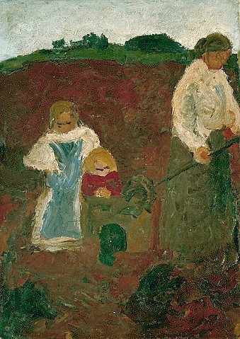 Paula Modersohn-Becker, Frau mit Kindern in der Torfkuhle. 1900 (Hannover,Landesmuseum,Modersohn-Becker,Paula,1876-1907,Öl/Pappe,20. Jahrhundert,Paula Modersohn-Becker,Torf,Moor,graben)