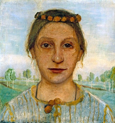 Paula Modersohn-Becker, Bildnis der Schwester der Künstlerin, Herma Weinberg. 1901 (Hannover,Landesmuseum,Modersohn-Becker,Paula,1876-1907,Öl/Eichenholz,20. Jahrhundert,Portrait,Paula Modersohn-Becker,Kranz,Blumenkranz,Frau,frontal,bäuerlich,braune Augen,Brustbild)