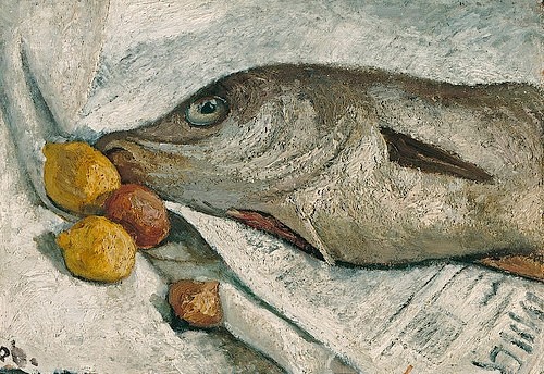 Paula Modersohn-Becker, Stillleben mit Fisch. 1906 (Hannover,Landesmuseum,Modersohn-Becker,Paula,1876-1907,Öl auf Pappe,20. Jahrhundert,Stillleben,auf Hartfaserplatte aufgezogen,Paula Modersohn-Becker,Schellfisch,Fisch,Fischkopf,Fischauge,Auge,Zitrone,Zitronen,Zeitung,Stillleben)
