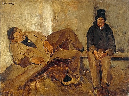 Max Liebermann, Lotsenstube. 1873 (Liebermann,Max,1847-1935,Hannover,Landesmuseum,Öl auf Leinwand,19. Jahrhundert,Impressionismus,Max Liebermann,Mann,Männer,Bank,Holzbank,warten,Jugendlicher,Heranwachsender,fläzen,Wartebank,Warteraum,braun,Lotse,Holzpantine,Holzpantinen,Portrait,Gesellscha)
