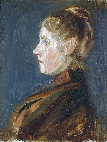 Max Liebermann, Studienkopf einer Dame. 1894 (Liebermann,Max,1847-1935,Hannover,Landesmuseum,Öl auf Holz,19. Jahrhundert,Portrait,Impressionismus,(Zeder?),Max Liebermann,Kopf,Brustbild,Studie,Knoten,Profil,Frau,Hochfrisur,bürgerlich,Bürgerliche)