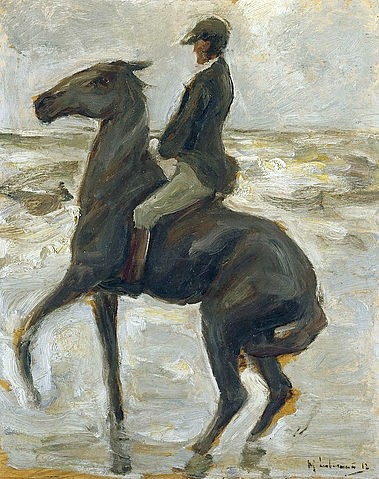 Max Liebermann, Reiter, nach links, am Strand. 1912 (Liebermann,Max,1847-1935,Hannover,Landesmuseum,20. Jahrhundert,Impressionismus,Öl auf Kartonpapier,auf Leinwand,Max Liebermann,Pferd,reiten,Reiter,Strand,Meer,schwarzes Pferd,Reitbekleidung,Reitsport,Tier)