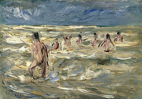 Max Liebermann, Badende Knaben. Um 1910 (Liebermann,Max,1847-1935,Hannover,Landesmuseum,Öl/Pappe,20. Jahrhundert,Impressionismus,Max Liebermann,Jungen,Bad,baden,Meer,Wasser,Momentaufnahme,impressionistisch,Gruppe,Wellen,schwimmen gehen,Vergnügen,Freizeit)