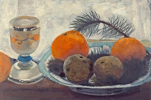 Paula Modersohn-Becker, Stillleben mit Mattglasbecher, Äpfeln und Kiefernzweig. Um 1902 (Hannover,Landesmuseum,Modersohn-Becker,Paula,1876-1907,20. Jahrhundert,Stillleben,Schiefer,Paula Modersohn-Becker,Winter,winterlich,Orangen,Orange,Apfelsine,weihnachtlich,Winterstillleben,Obst,Obstteller,Tannenzweig,Glas,Glasbecher,Dekor,Zweig)