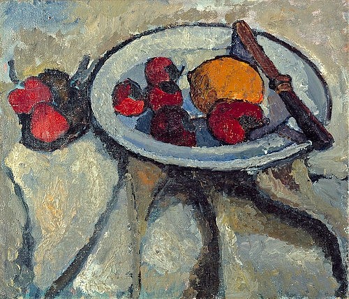 Paula Modersohn-Becker, Stillleben mit Erdbeeren und Zitrone. 1907 (Hannover,Landesmuseum,Modersohn-Becker,Paula,1876-1907,Öl auf Leinwand,20. Jahrhundert,Stillleben,Paula Modersohn-Becker,Messer,Obst,Früchte,Erdbeere,Erdbeeren,Ztrone,Teller)