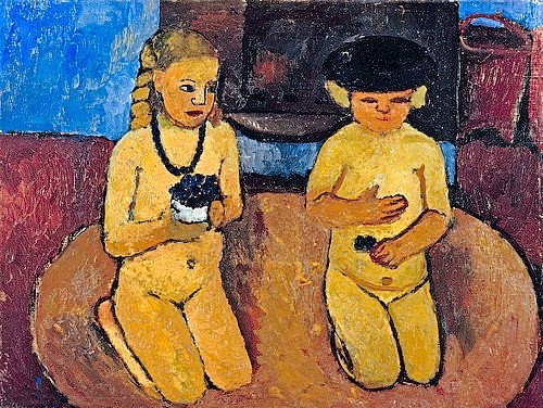 Paula Modersohn-Becker, Zwei kniende Mädchenakte. 1906/07 (Hannover,Landesmuseum,Modersohn-Becker,Paula,1876-1907,Öl auf Leinwand,20. Jahrhundert,Paula Modersohn-Becker,Kinder,Mädchen,zwei,ocker,gelb,knien,kniend,Mädchenakt,Akt)