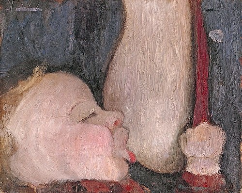 Paula Modersohn-Becker, Säugling an der Brust. Um 1904 (Hannover,Landesmuseum,Modersohn-Becker,Paula,1876-1907,Lwd.,20. Jahrhundert,Paula Modersohn-Becker,Kind,Baby,Säugling,stillen,Brust,saugen,trinken,Brust geben,Mutterschaft)