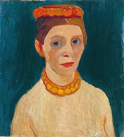 Paula Modersohn-Becker, Selbstbildnis mit rotem Blütenkranz und Kette. (Hannover,Landesmuseum,Modersohn-Becker,Paula,1876-1907,Öl auf Leinwand,20. Jahrhundert,Portrait,Paula Modersohn-Becker,Selbstportrait,Frau,Kette,Halskette,Kranz im Haar,Blumenkranz)