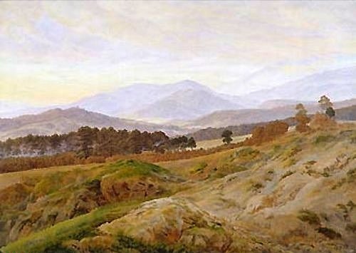 Caspar David Friedrich, Riesengebirgslandschaft (Gebirgslandschaft in Böhmen). Um 1835, unvollendet (Friedrich,Caspar David,1774-1840,Oslo,Nasjonalgalleriet,Öl auf Leinwand,Friedrich,Caspar David Friedrich,19. Jahrhundert,Romantik,Tschechien,Böhmen,Landschaft,Natur,Riesengebirge,Gebirge,Gebirgszug,Berge,Wald,bewaldet,Vegetation,menschenleer,Weite,Entfern)