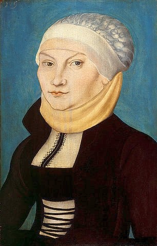 LUCAS CRANACH Der Ältere, Katharina von Bora. 1528 (siehe auch Bildnummer 35269) (Katharina von Bora, Haube, Portrait, Bildnis, Persönlichkeiten, Klassiker, Renaissance, Wunschgröße, Wohnzimmer)