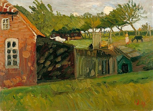 Otto Modersohn, Rotes Haus mit Ställen. 1907 (Bauenhaus, Landleben, ländlich, Landschaft, Landschaftsmalerei,  Künstlerkolonie Worpswede, Klassische Moderne,   Wohnzimmer, Treppenhaus, Wunschgröße)