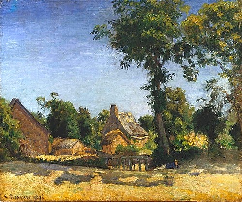 Camille Pissarro, Landschaft (Dorf Melleraye, Dep. Mayenne). 1876 (Hannover,Landesmuseum,Pissarro,Camille,1830-1903,Leinwand auf Hartfaserplatte,Pissarro,Camille Pissarro, französischer impressionismus)