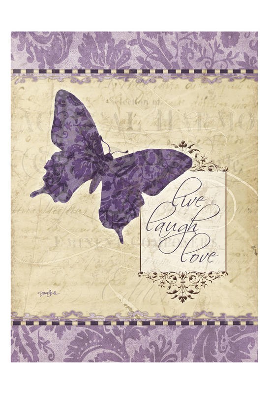 Diane Stimson, BFLY SET I (Schmetterling, Damast - Muster, plakativ, Kalligrafie, Lebe, Lache, Liebe, modern, Grafik, Wunschgröße, Treppenhaus, Wohnzimmer, beige/violett)
