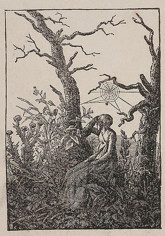 Caspar David Friedrich, Frau mit Spinnennetz zwischen kahlen Bäumen. Um 1801/02 (Städel Museum,Frankfurt am Main,Graphische Sammlung,nach,19. Jahrhundert,Holzschnitt,Friedrich,Caspar David,schwarze romantik,Caspar David Friedrich,städel,grafik,Distel,Disteln,Spinnennetz,Spinne,sitzen,Frau,einsam,Melancholie)