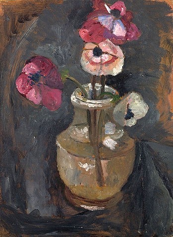 Paula Modersohn-Becker, Anemonen. 1904 (Stillleben,Blumen,20. Jahrhundert,Öl auf Pappe,1876-1907,Modersohn-Becker,Paula,Hannover,Landesmuseum,Paula Modersohn-Becker,Blumenvase,Vase,Blumen,Blumenstrauß,Anemone,Anemonen,pink,violett,weiß)