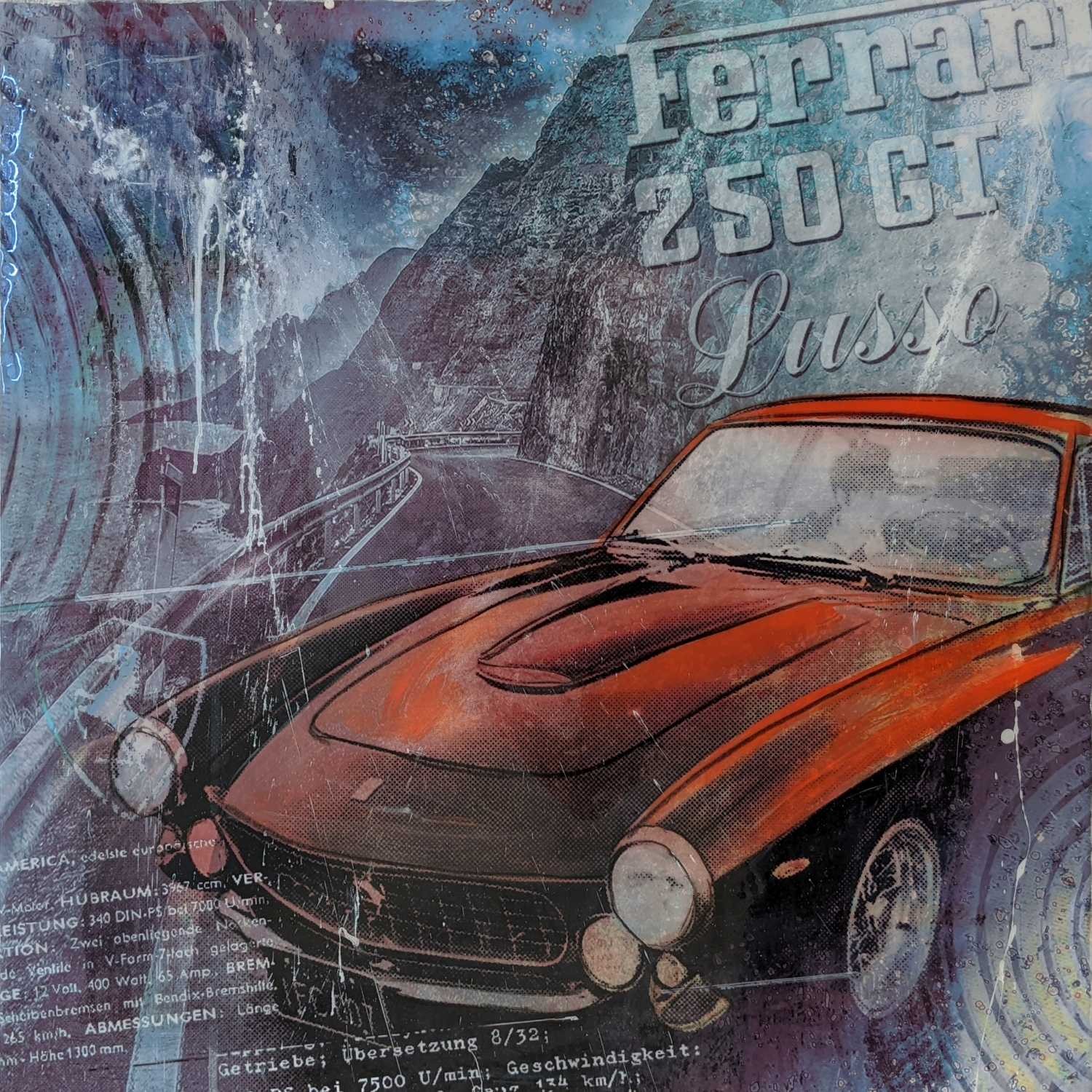 Peter Sander, Ferrari 250 GT Lusso (Ferrari, Sportwagen, Automobil, Popart, Fotokunst, modern, illustrativ, Wunschgröße, Treppenhaus, Wohnzimmer,)