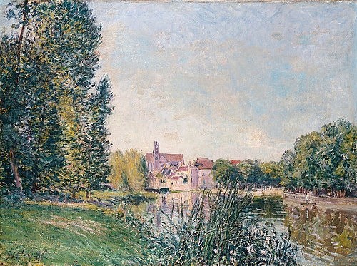 Alfred Sisley, Der Fluss Loing und die Kirche von Moret. 1886 (Sisley,Alfred,Christie's Images Ltd,1839-1899,Öl auf Leinwand,19. Jahrhundert,Impressionismus,Christie's Images,Alfred Sisley,Fluss,Flussufer,Frankreich,Kirche,Landschaft,Moret,Loing)