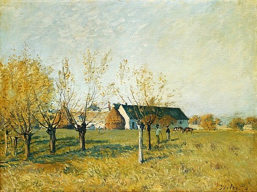 Alfred Sisley, Bauernhof bei Trou d'Enfer an einem Herbstmorgen. 1874 (Sisley,Alfred,Christie's Images Ltd,1839-1899,Öl auf Leinwand,19. Jahrhundert,Impressionismus,Alfred Sisley,Weiden,Weidenbäume,Bäume,Bauernhof,Bauernhaus)