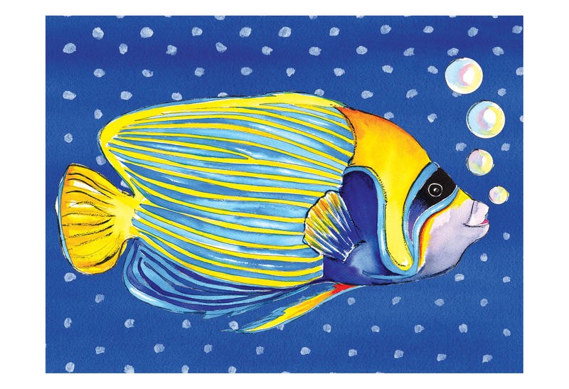 Anne Ormsby, ANGELFISH I (Fisch, Korallenfisch, Blasen, Punkte, naiv, Malerei, Wunschgröße, Wohnzimmer, Treppenhaus, Badezimmr, bunt)
