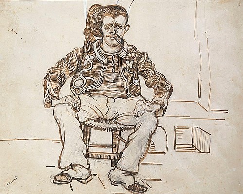 Vincent van Gogh, Sitzender Zuave. 1888 (Gogh,Vincent van,1853-1890,Christie's Images Ltd,Bleistift,19. Jahrhundert,Portrait,Christie's Images,braune Tusche,Vincent Van Gogh,Söldner,Tracht,türkische Tracht,orientalische,orientalisch,Mann,breitbeinig,Zeichnung,Pfeife)