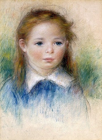Pierre-Auguste Renoir, Mädchenbildnis. (Portrait,Mädchen, Kind, blond,blaue Augen, Pastell, Impressionismus, klassische Moderne, Wunschgröße, Wohnzimmer, Malerei)