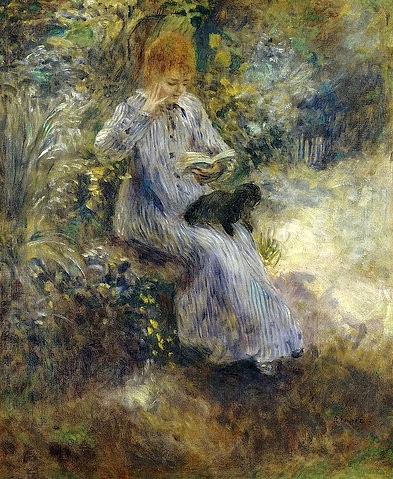 Pierre-Auguste Renoir, Lesende Frau mit schwarzem Hund. 1874 (Garten, Sommer, Frau, Lesende, Schoßhund, Buch, Freizeit,  Schatten, Impressionismus, klassische Moderne, Wunschgröße, Wohnzimmer, Malerei)