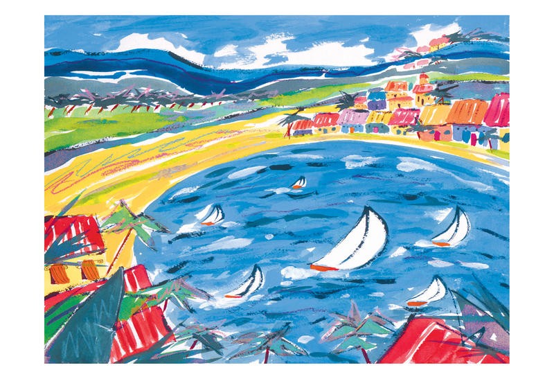 Anne Ormsby, SAIL BOARDER (Meeresbrise, Meer, Strand, Sandstrand, Segelbbote, Sommerurlaub, maritim, Malerei, Wunschgröße, Wohnzimmer, Treppenhaus, bunt)