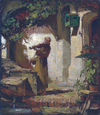 Carl Spitzweg, Der Geiger. (Spitzweg,Carl,1808-1885,Christie's Images Ltd,Öl auf Holz,19. Jahrhundert,Carl Spitzweg,Biedermeier,Musiker,Violinist,Geiger,üben,musizieren,Vogelhaus,Vogelhäuschen,Mann,Hobby,Dilettant)