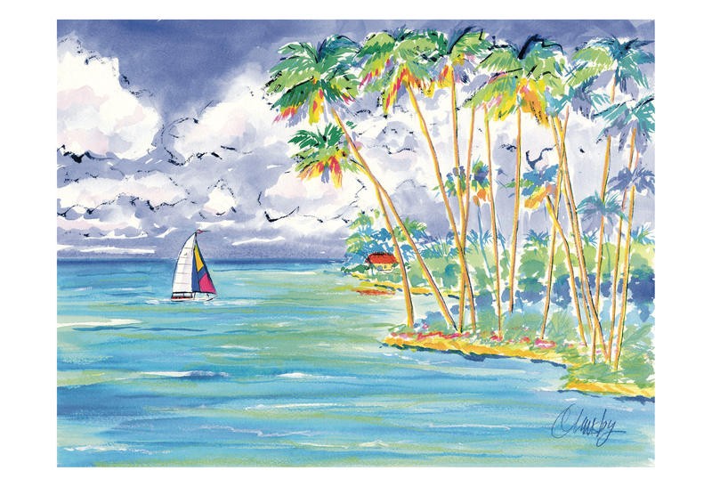 Anne Ormsby, WATERSIDE II (Meeresbrise, Meer, Strand, Segelboot, Palmen, maritim, Malerei, Wunschgröße, Wohnzimmer, Treppenhaus, bunt)