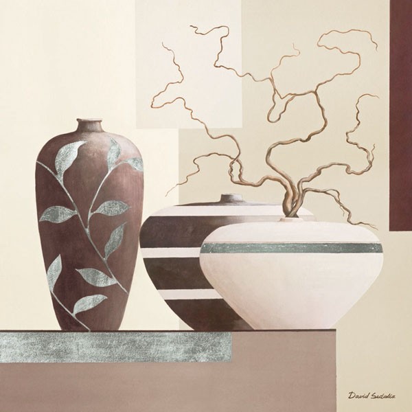 David Sedalia, GLAMOUR TWIGS I (Stillleben, Eleganz, edel, Töpfe, Vase, Zweige, knorrig, Wohnzimmer, Esszimmer, Treppenhaus, Wunschgröße, braun/Pastell)