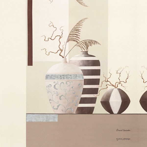 David Sedalia, GLAMOUR TWIGS II (Stillleben, Eleganz, edel, Töpfe, Vase, Zweige, knorrig, Wohnzimmer, Esszimmer, Treppenhaus, Wunschgröße, braun/Pastell)