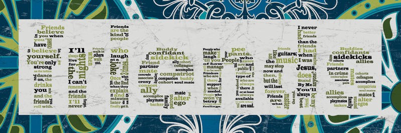 Diane Stimson, FRIENDS II (Freunde, Buchstaben, Zeitungspapier, Motivation, Inspiration, Typografie, Grafik, Wunschgröße, Treppenhaus, Jugendzimmer, bunt)