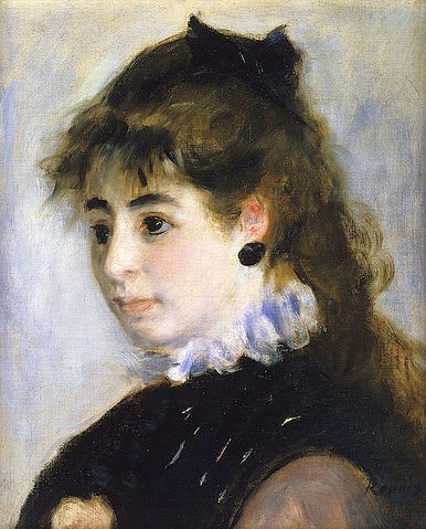 Pierre-Auguste Renoir, Fräulein Henriette Henriot. 1874 (Portrait, Mädchen, junge Frau, Halbprofil, brünett, Ohrring, Haarschleife, Schauspielerin, Modell, Impressionismus, klassische Moderne, Wunschgröße, Wohnzimmer, Malerei)