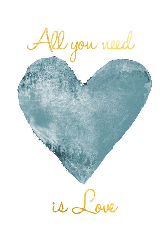 Victoria Brown, ALL YOU NEED BLUE (Inspiration, Motivation, Liebe, positiv, Herz, Treppenhaus, Schlafzimmer, Wohnzimmer, Wunschgröße, Grafik, blau/weiß)